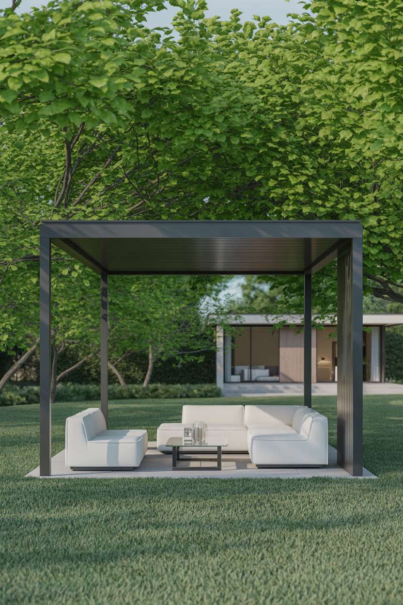 27 Stunning Modern Pergola Design Ideas for Stylish Shade 23 Slatted grey aluminum pergola over white sectional sofa and glass table centered on manicured lawn