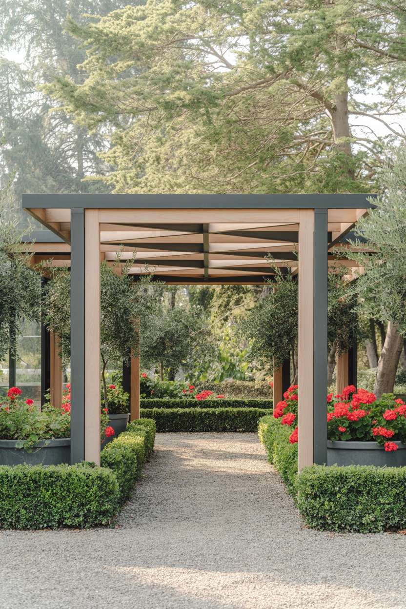 27 Stunning Modern Pergola Design Ideas for Stylish Shade 24 Dark grey metal and light wood pergola with geometric slat patterns over gravel path bordered by boxwood and geraniums