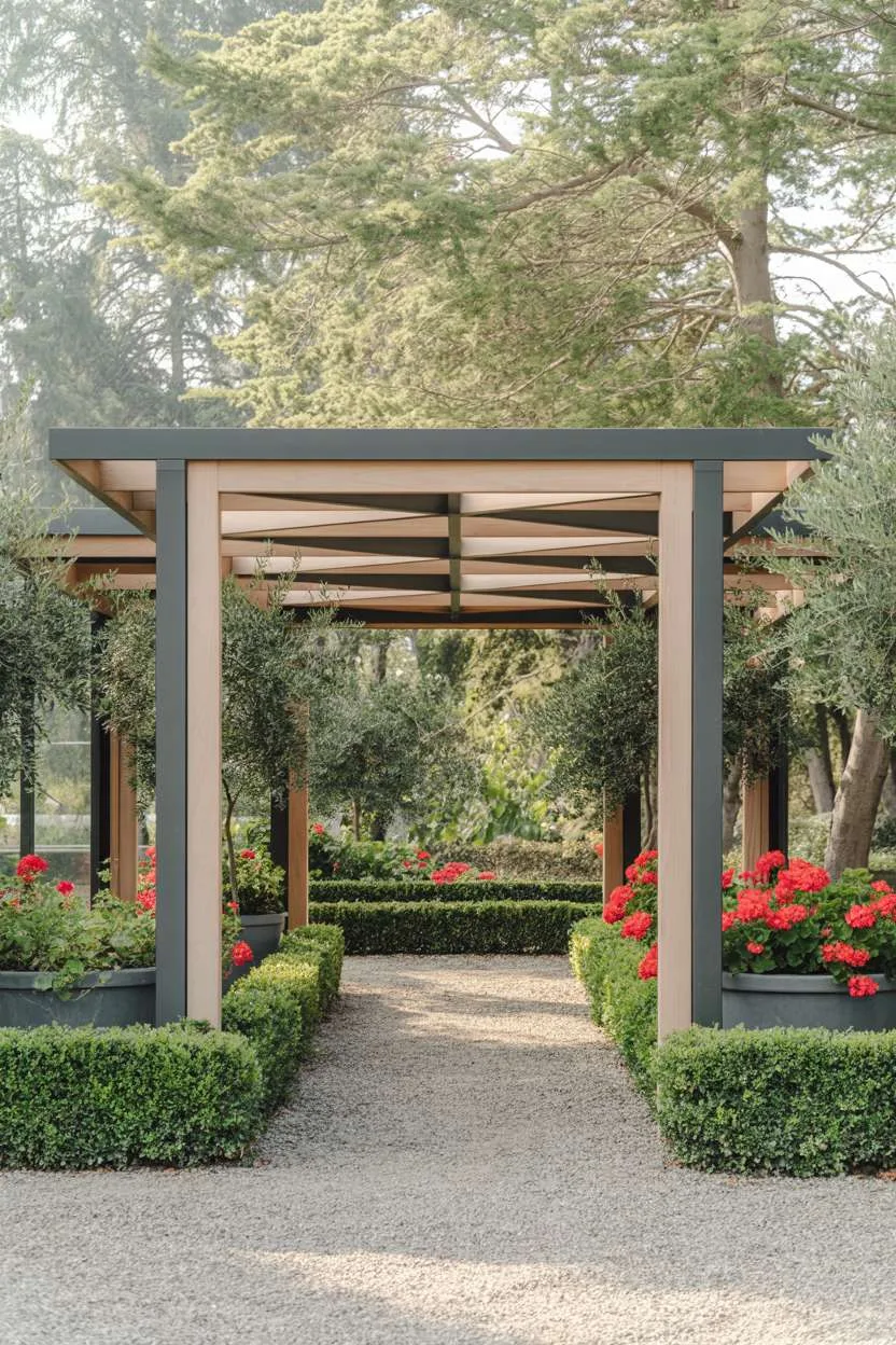 27 Stunning Modern Pergola Design Ideas for Stylish Shade 24 Dark grey metal and light wood pergola with geometric slat patterns over gravel path bordered by boxwood and geraniums