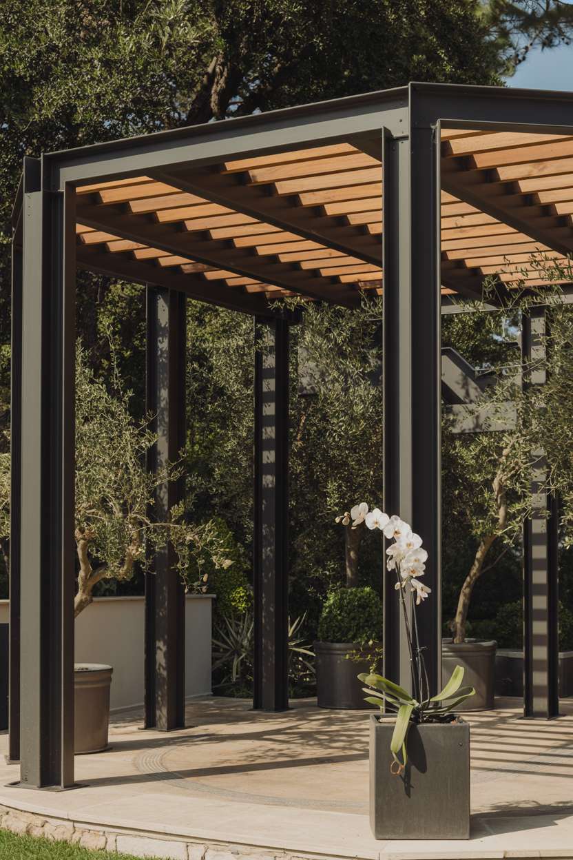27 Stunning Modern Pergola Design Ideas for Stylish Shade 25 Geometric grey metal and wood pergola over circular stone patio with olive trees and white orchid accent