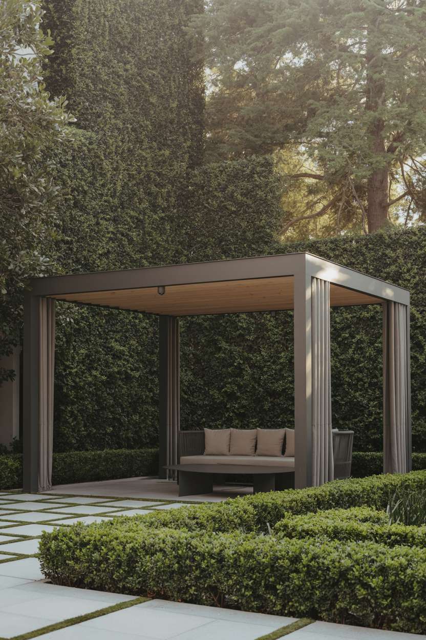 27 Stunning Modern Pergola Design Ideas for Stylish Shade 26 Minimalist grey metal and light wood pergola over circular seating area surrounded by boxwood hedges