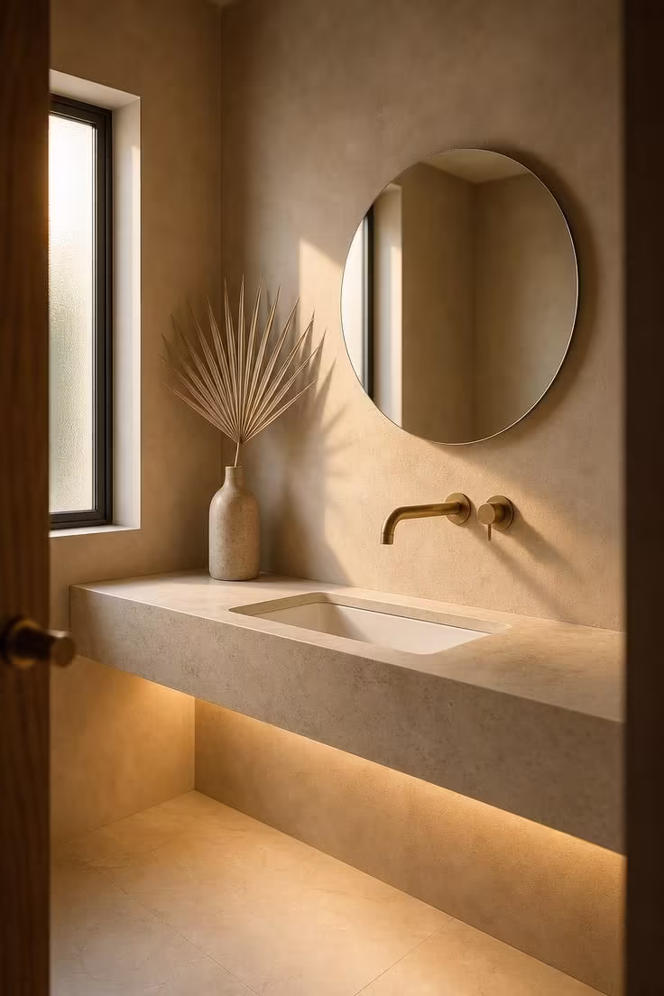 13 Modern Powder Room Ideas Packed With Personality 1 Modern powder room with micro-cement walls and a cantilevered limestone vanity shelf lit by a recessed LED strip