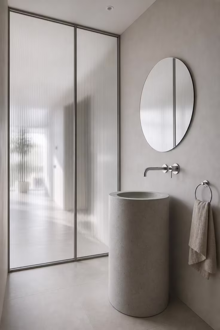 13 Modern Powder Room Ideas Packed With Personality 2 Modern powder room with a ribbed glass partition wall and a poured concrete cylindrical pedestal sink