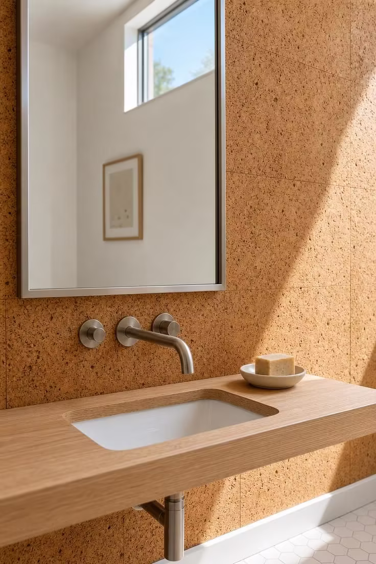 13 Modern Powder Room Ideas Packed With Personality 3 Close-up of natural cork wall panels behind a brushed nickel wall mounted faucet in a modern powder room