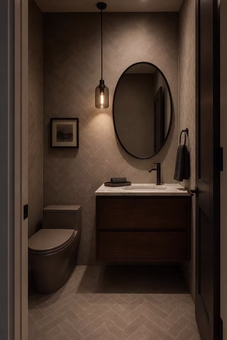 13 Modern Powder Room Ideas Packed With Personality 4 Doorway view of a modern powder room with floor-to-ceiling skinny herringbone tile and a matte black oval mirror