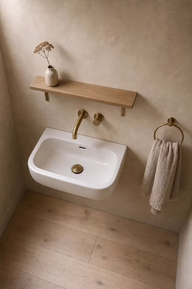 13 Modern Powder Room Ideas Packed With Personality 5 Overhead view of a hand-troweled clay plaster powder room wall with a porcelain basin and raw brass fixtures