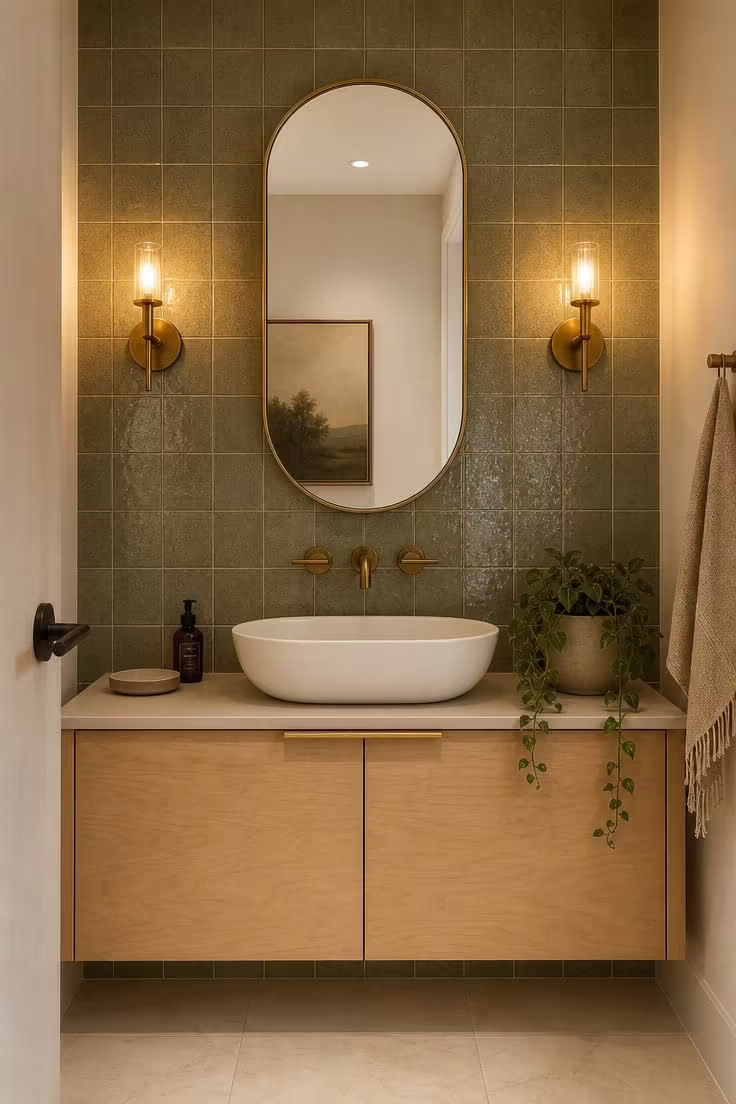 13 Modern Powder Room Ideas Packed With Personality 6 Modern powder room with full-height sage green crackle-glaze tile and a curved white vessel basin on a birch vanity