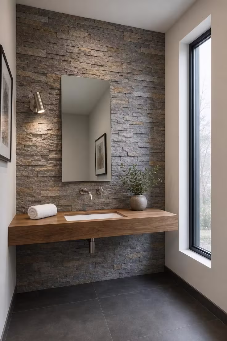 13 Modern Powder Room Ideas Packed With Personality 7 Modern powder room with a stacked stone ledger accent wall and a teak floating shelf vanity