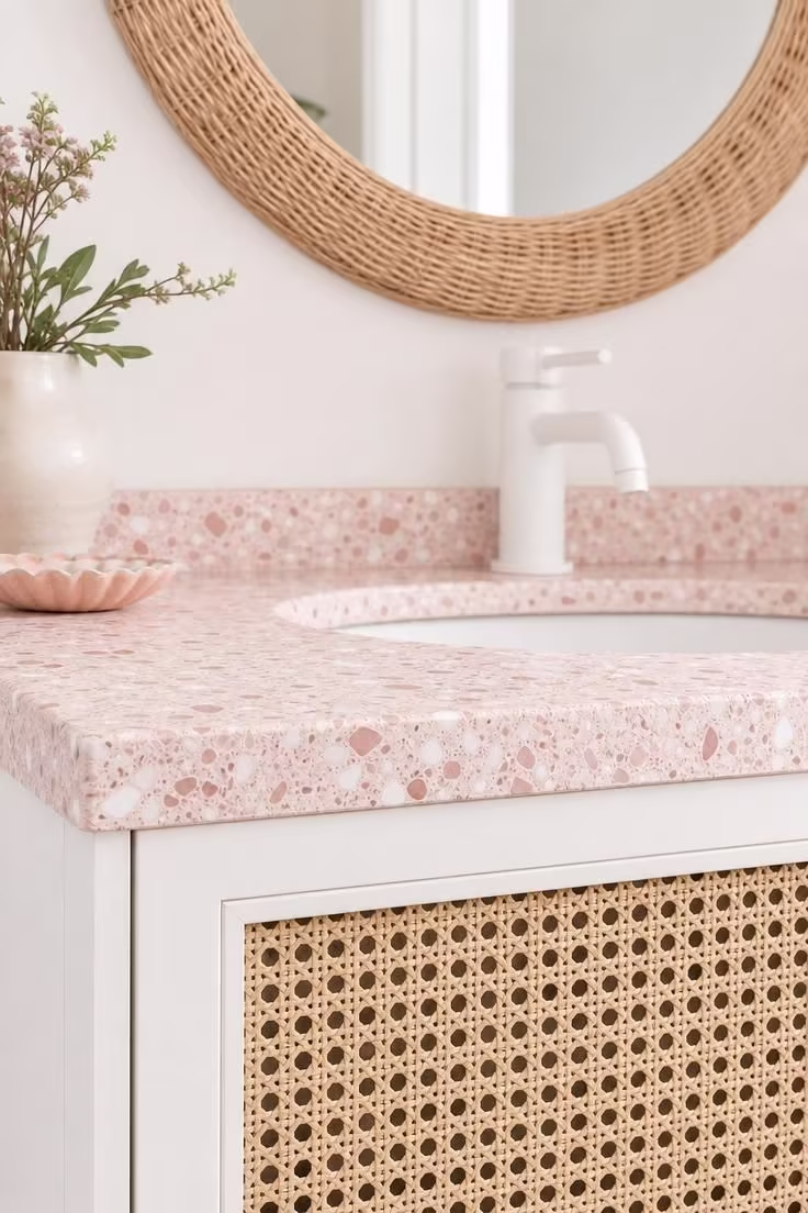 13 Modern Powder Room Ideas Packed With Personality 8 Close-up of a geometric cane webbing vanity panel beneath a pale pink terrazzo countertop in a modern powder room