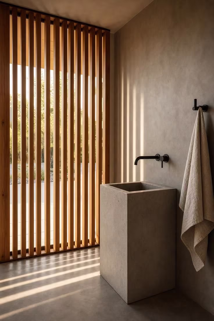 13 Modern Powder Room Ideas Packed With Personality 11 Modern powder room with a vertical cedar slat partition casting stripe shadows and a concrete cube pedestal sink
