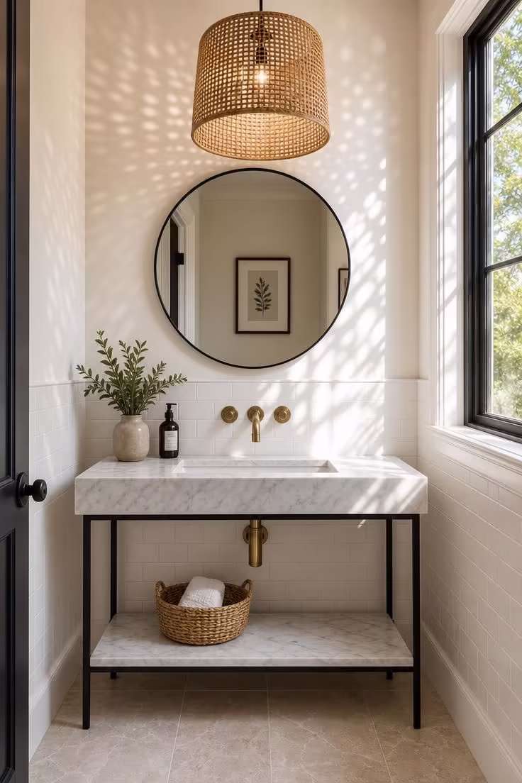 13 Modern Powder Room Ideas Packed With Personality 13 Modern powder room with a woven rattan pendant shade casting dappled light over a slim marble console sink