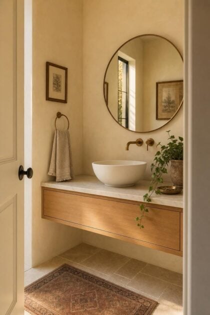 13 Modern Powder Room Ideas Packed With Personality Warm modern powder room with limewash walls, a floating wood vanity, round mirror, and brass fixtures seen from the open doorway