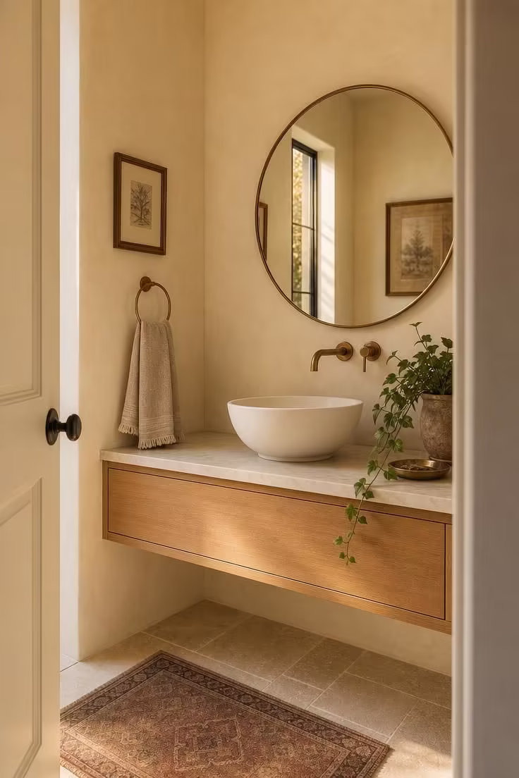 Warm modern powder room with limewash walls, a floating wood vanity, round mirror, and brass fixtures seen from the open doorway