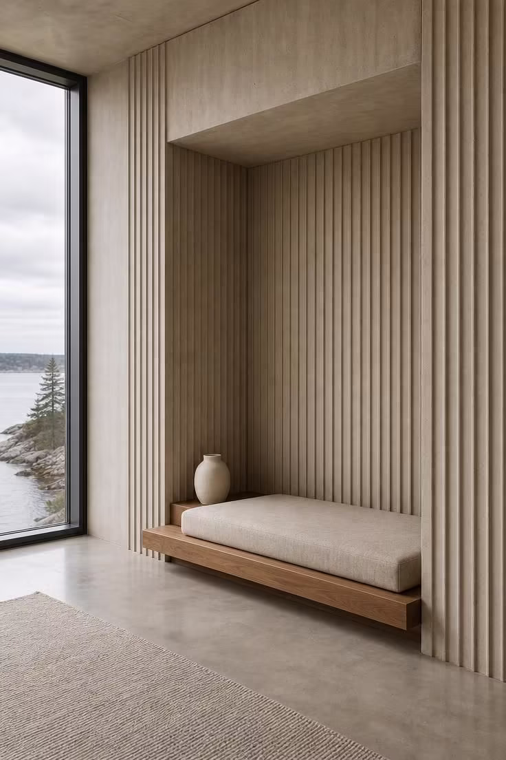 12 Modern Reading Nook Ideas for a Peaceful Retreat 1 Fluted concrete alcove with a teak platform and oatmeal linen cushion in a modern reading nook