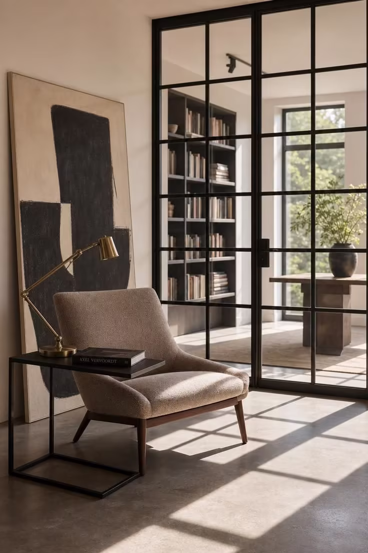 12 Modern Reading Nook Ideas for a Peaceful Retreat 2 Black steel-and-glass partition wall next to a taupe wool lounge chair in a modern reading corner
