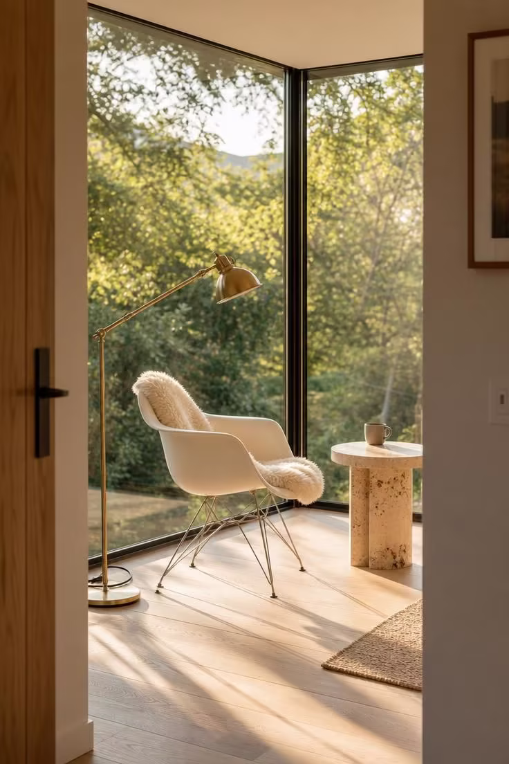 12 Modern Reading Nook Ideas for a Peaceful Retreat 3 White fiberglass shell chair with sheepskin throw in a glass-walled modern reading nook corner