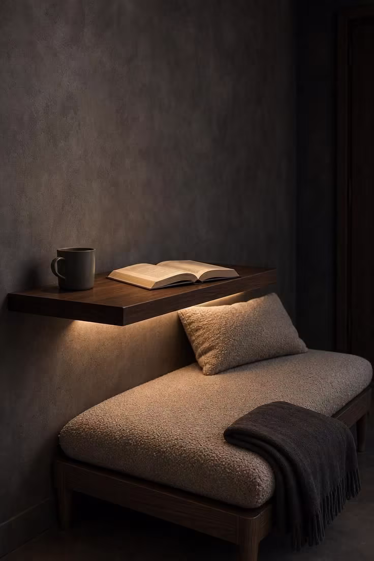 12 Modern Reading Nook Ideas for a Peaceful Retreat 6 Charcoal microcement walls with a walnut cantilever reading tray and bouclé daybed in a moody modern nook