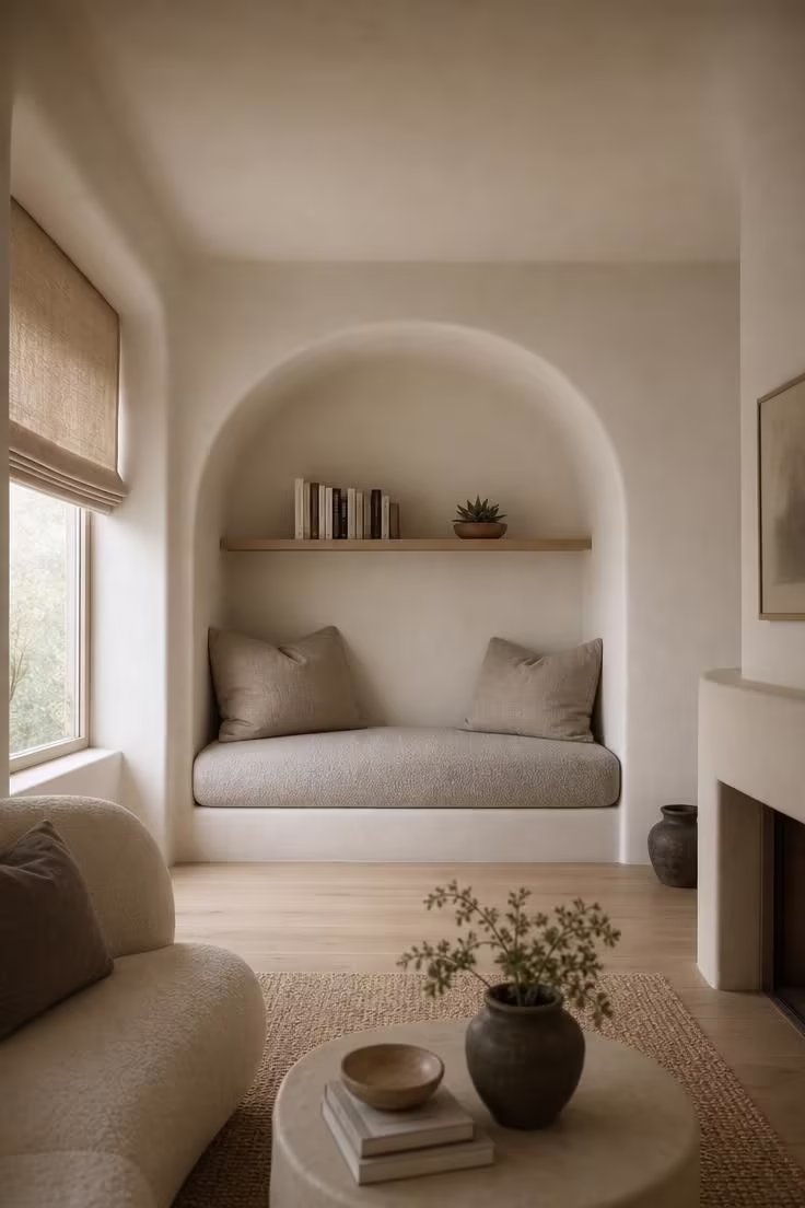 12 Modern Reading Nook Ideas for a Peaceful Retreat 7 Curved plaster niche with a fog-colored bouclé daybed and floating shelf in a modern reading nook