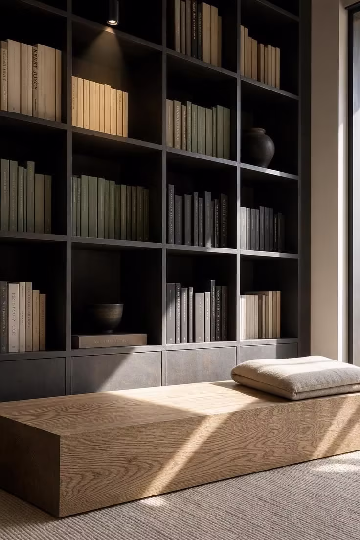 12 Modern Reading Nook Ideas for a Peaceful Retreat 8 Close-up of a blackened steel bookcase grid with an ash plinth bench and color-sorted books in a modern reading nook
