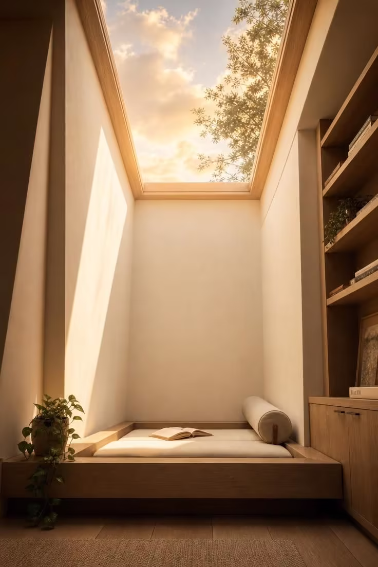 12 Modern Reading Nook Ideas for a Peaceful Retreat 9 Skylight well with cream linen sunken cushion platform and white oak trim in a modern reading nook
