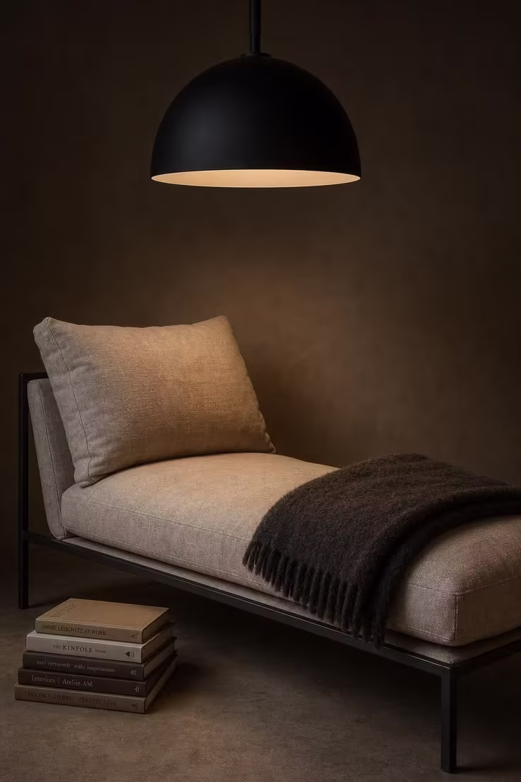 12 Modern Reading Nook Ideas for a Peaceful Retreat 11 Matte black dome pendant hanging low over a raw linen chaise lounge in a moody modern reading nook