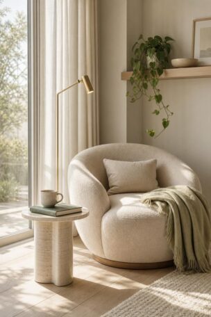 Modern reading nook with an oatmeal linen lounge chair, brass floor lamp, and travertine side table beside a sunlit window