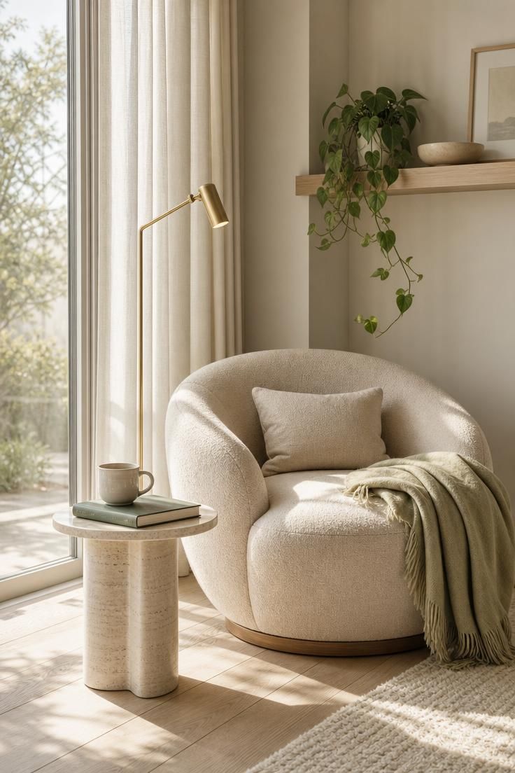 Simple Spaces 19 Modern reading nook with an oatmeal linen lounge chair, brass floor lamp, and travertine side table beside a sunlit window
