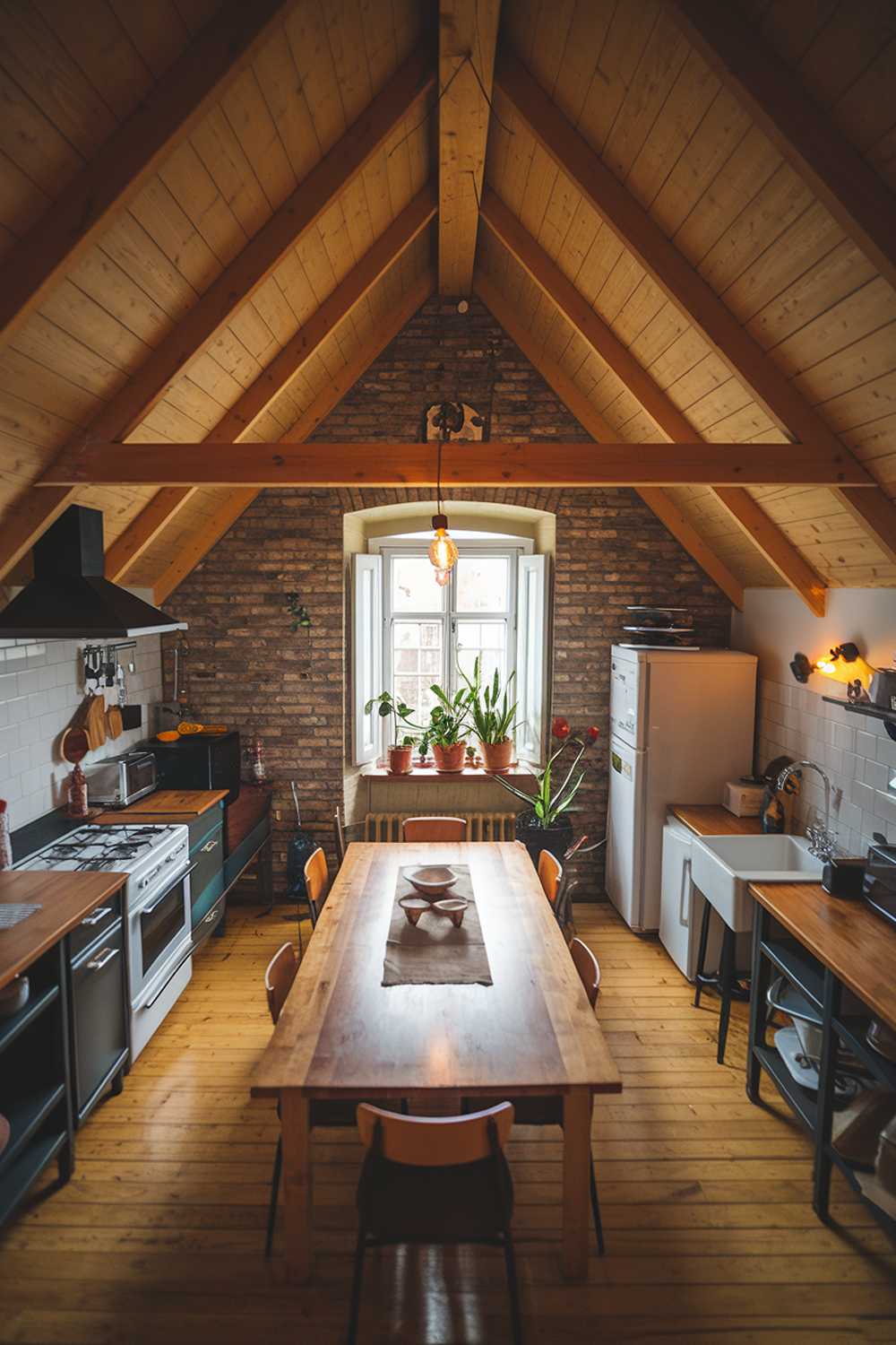 A modern rustic kitchen with a wooden beam ceiling and a brick wall. There's a large wooden table with chairs in the middle of the room. The kitchen contains a stove, oven, refrigerator, and sink. There are potted plants near the window. The floor is made of wood. The lighting is warm.