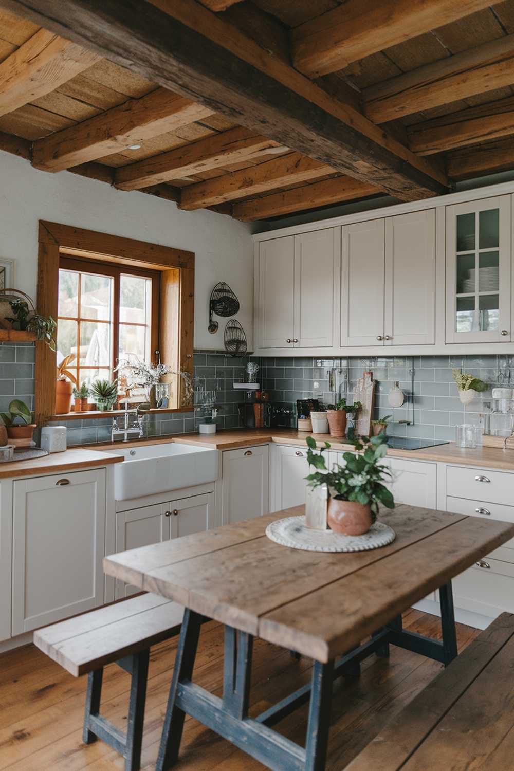 A modern rustic kitchen with a wooden beam ceiling, white cabinets, and a gray backsplash. There's a white farmhouse sink, a modern faucet, and a window with a wooden frame. A rustic wooden table with benches is placed in the kitchen. There are potted plants and a few decorative items. The floor is made of wood.