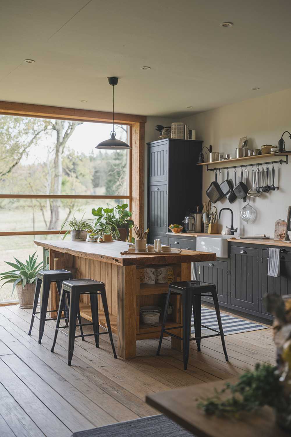 A modern rustic kitchen with a wooden island and dark cabinets. The island has a raw wood finish and is surrounded by dark grey stools. There's a large window with a wooden frame and a plant near it. The floor is made of wooden planks. There's a pendant light hanging over the island. On the wall, there's a rack with pots and pans and a few decorative items. The background is a serene landscape with trees.