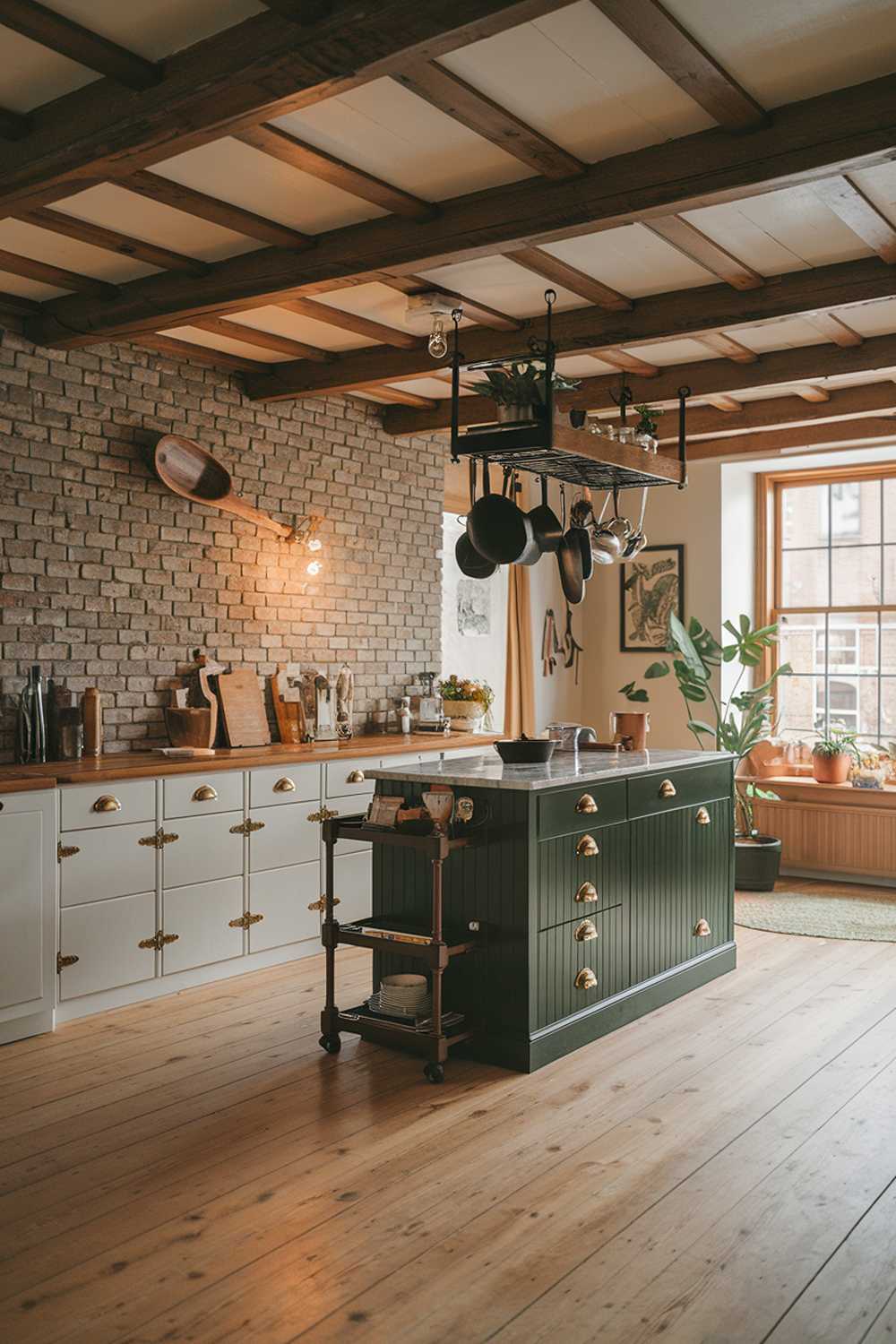 A cozy modern rustic kitchen with a wooden beam ceiling and a brick wall. The kitchen has a light wooden floor, a dark green island with a marble top, and white cabinets with brass hardware. There's a pot rack above the island, and a potted plant near the window. The room has a few decorative items, including a wooden spoon on the brick wall and a few items on the island. The lighting in the room is warm.