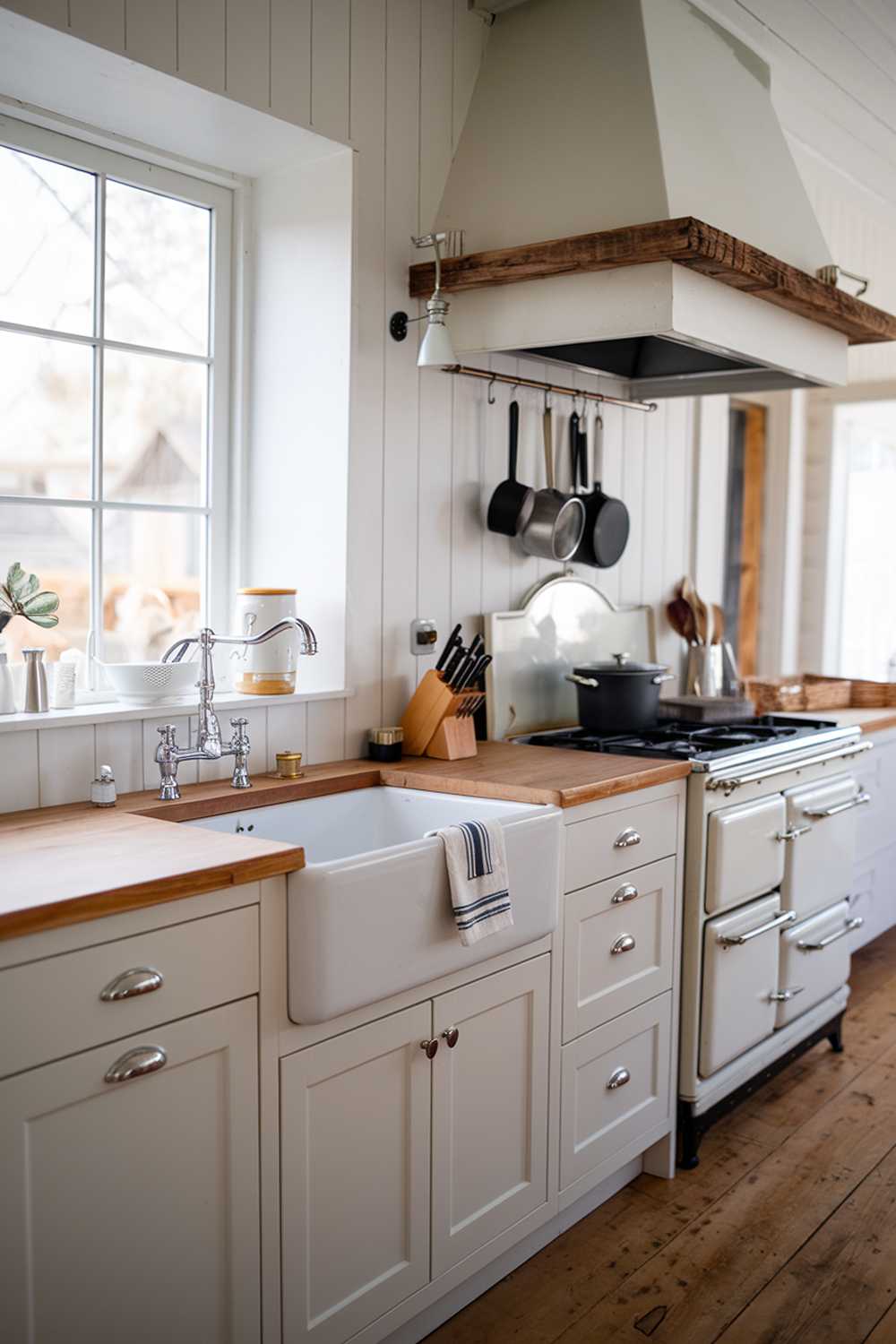 A modern rustic kitchen with a farmhouse sink, white cabinets, and a wooden countertop. There's a vintage stove and a pot rack above it. A few kitchen utensils are placed on the counter. The floor is made of wood. A window near the sink allows natural light to enter the room.