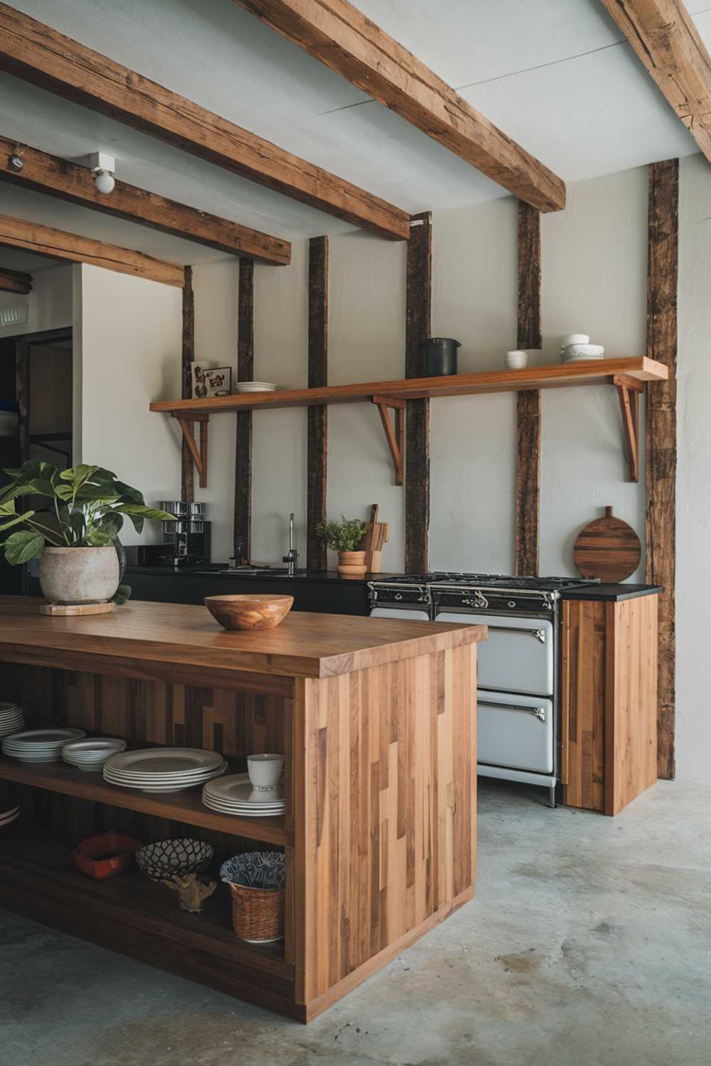 A modern rustic kitchen with a wooden island in the middle. The island has a few items on top, including a potted plant and a wooden bowl. There's a white stove with a wooden panel beneath it. The walls have wooden beams, and there's a shelf with a few items. The floor is made of concrete.