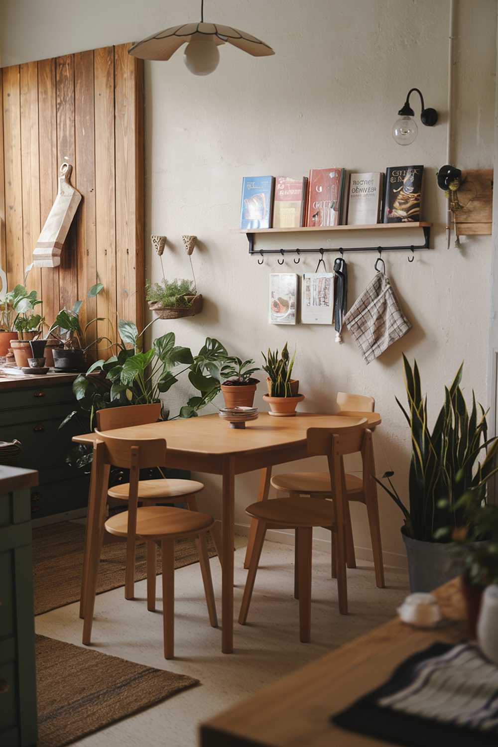 A modern rustic kitchen with a wooden table and chairs. The table is in the middle of the room. There are potted plants on the floor and a shelf with cookbooks above the table. The wall has a wooden panel and a few hooks. There is a unique light fixture hanging from the ceiling. The floor is covered with a rug.