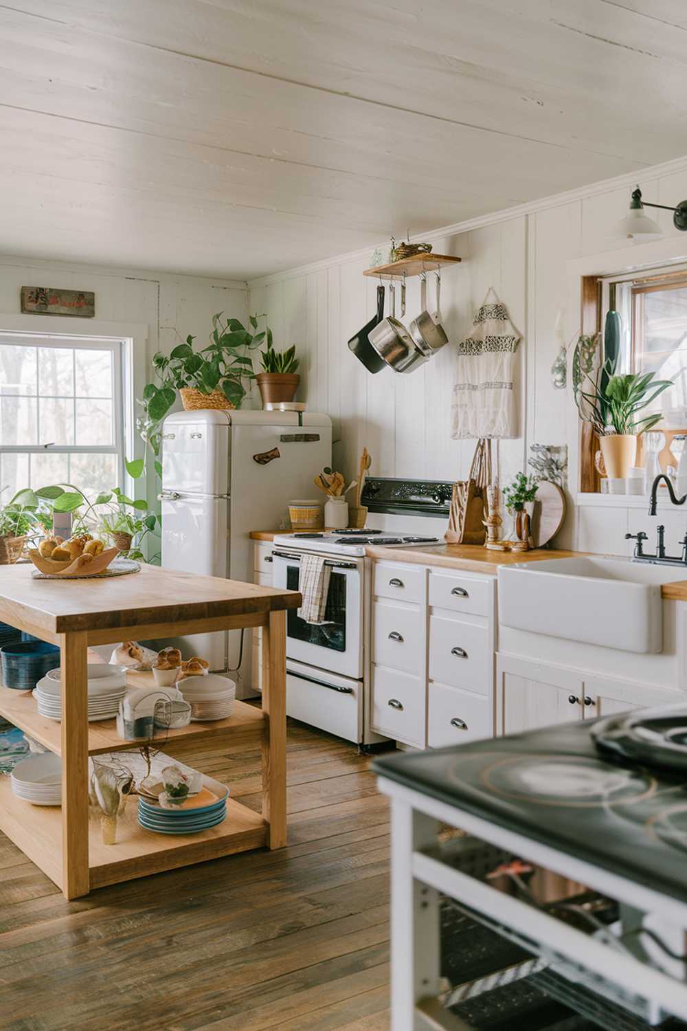 A modern rustic kitchen with a wooden island and countertops. The cabinets are painted white and have a few decorative items. There's a black stove, a white refrigerator, and a sink. A few pots and pans are hanging above the stove. The floor is made of wood. There are potted plants near the window and on the floor. The walls have a few items hanging on them.