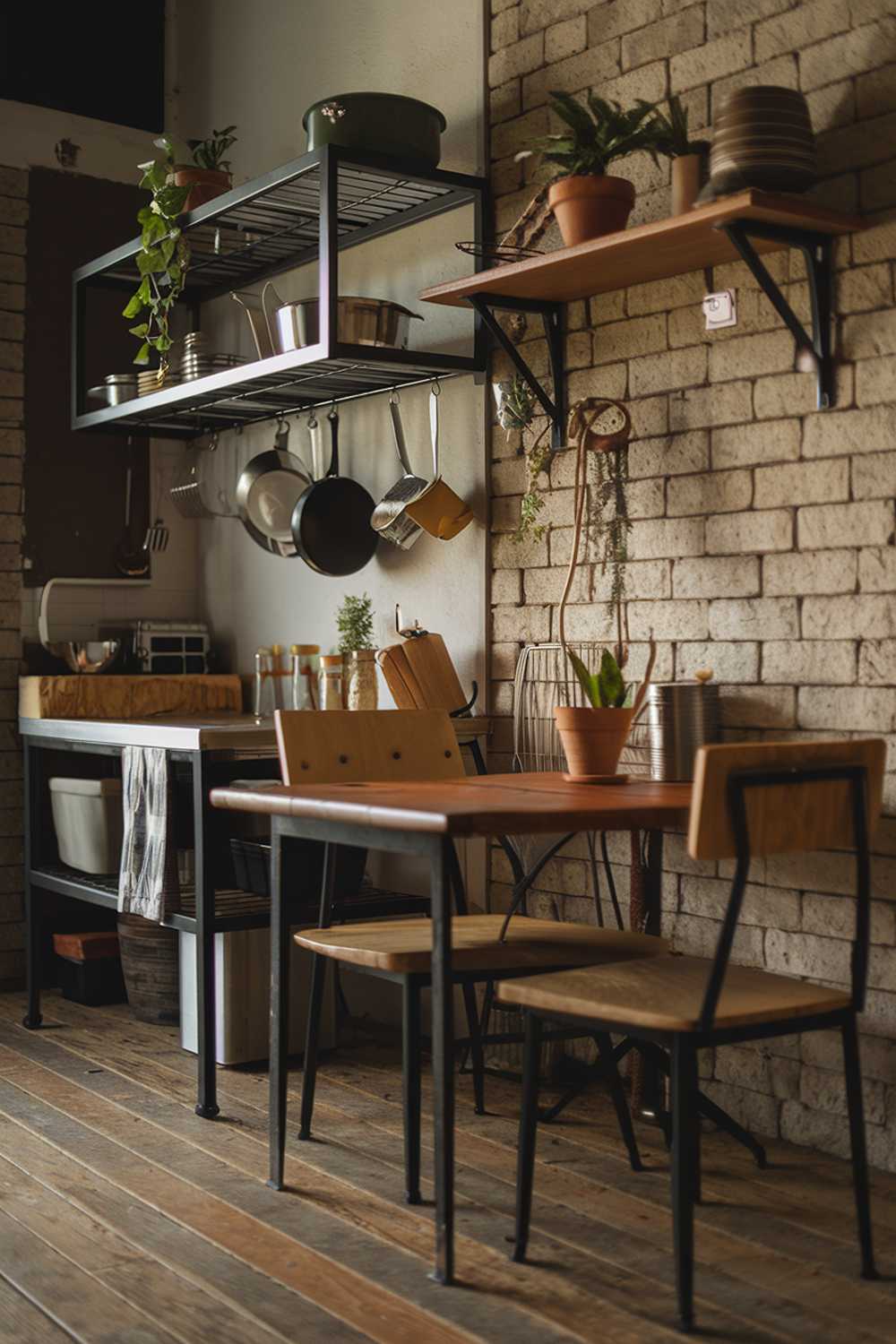 A cozy modern rustic kitchen decor. The kitchen has a mix of wooden and metallic elements. There's a wooden table with a few chairs. On the wall, there's a floating wooden shelf with some kitchen utensils and a few potted plants. There's a metallic rack above the table, holding some pots and pans. The floor is made of wooden planks. The background is a brick wall.