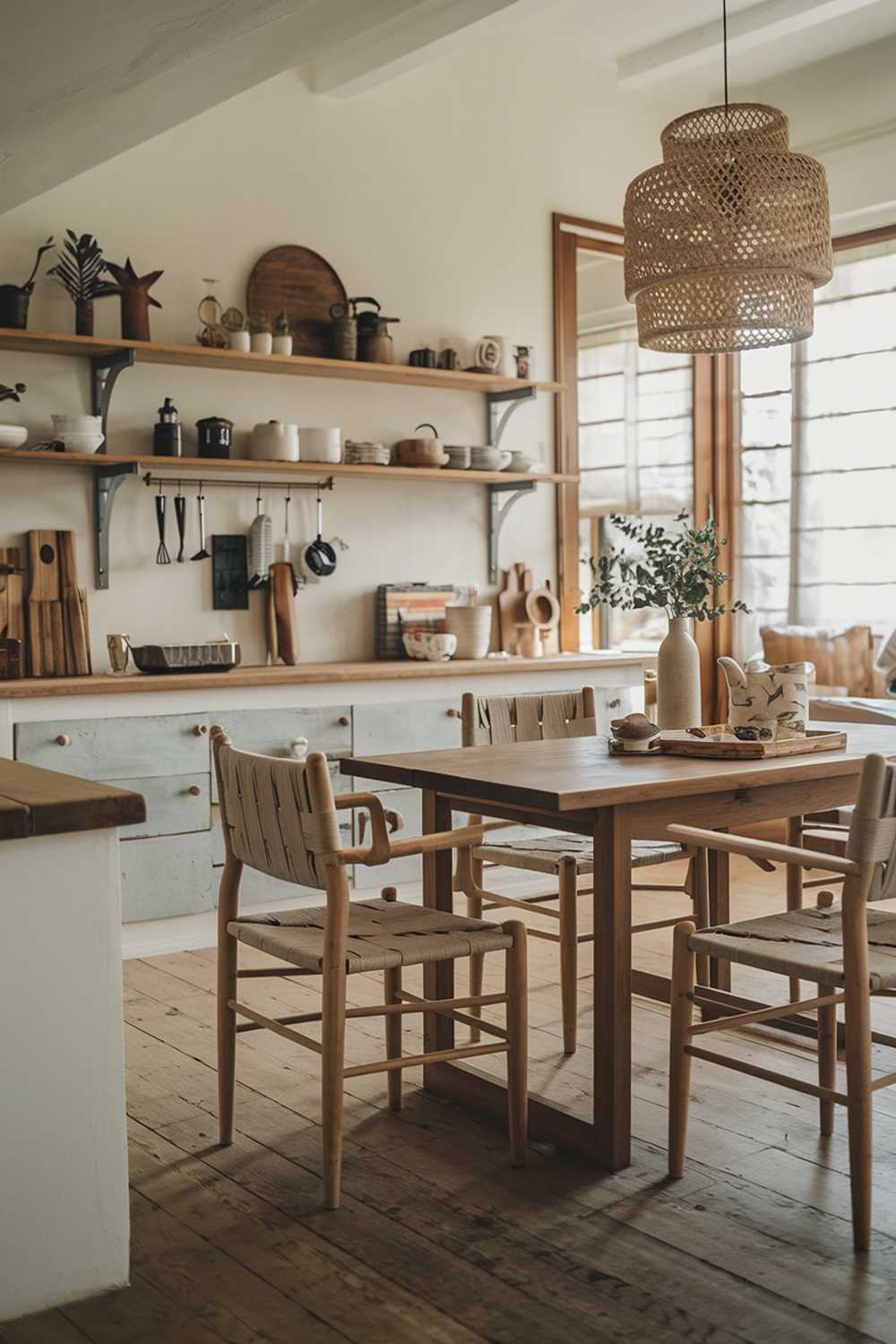 A cozy modern rustic kitchen decor. There is a wooden dining table in the center of the room. Around it, there are chairs with woven seat backs. On the wall behind the table, there is a shelf with various kitchen items. The floor is made of wooden planks. The room has a warm and inviting ambiance.