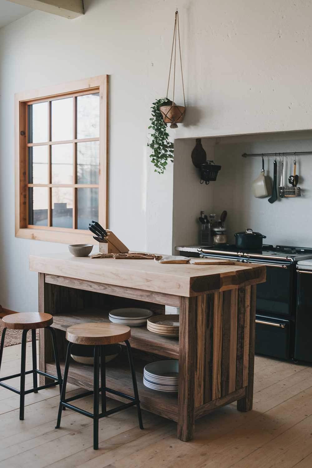 A rustic modern kitchen with a wooden island and a few stools. The island has a butcher block top and contains a few items such as a bowl and a knife. There's a large window with a wooden frame to the left. The wall behind the stove has a few hooks and a hanging planter. The floor is made of light wood.