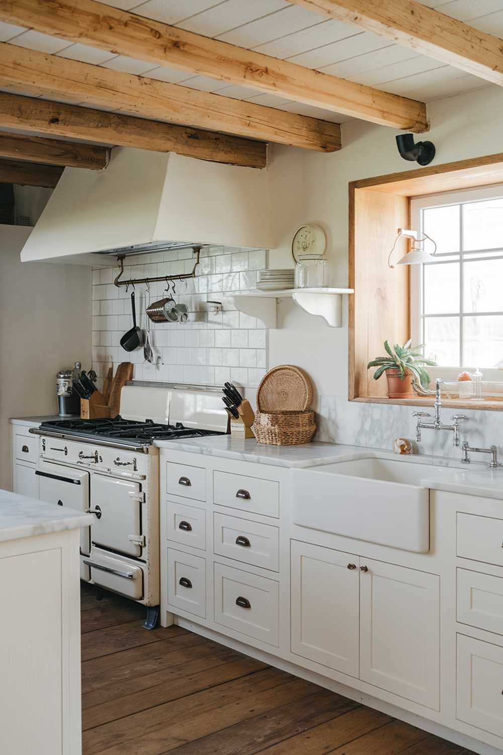 A rustic modern kitchen with a wooden beam ceiling, white cabinets, and a marble countertop. There's a vintage stove, a farmhouse sink, and a pot rack. A wicker basket, a potted plant, and a few utensils are placed on the countertop. The floor is made of wooden planks.