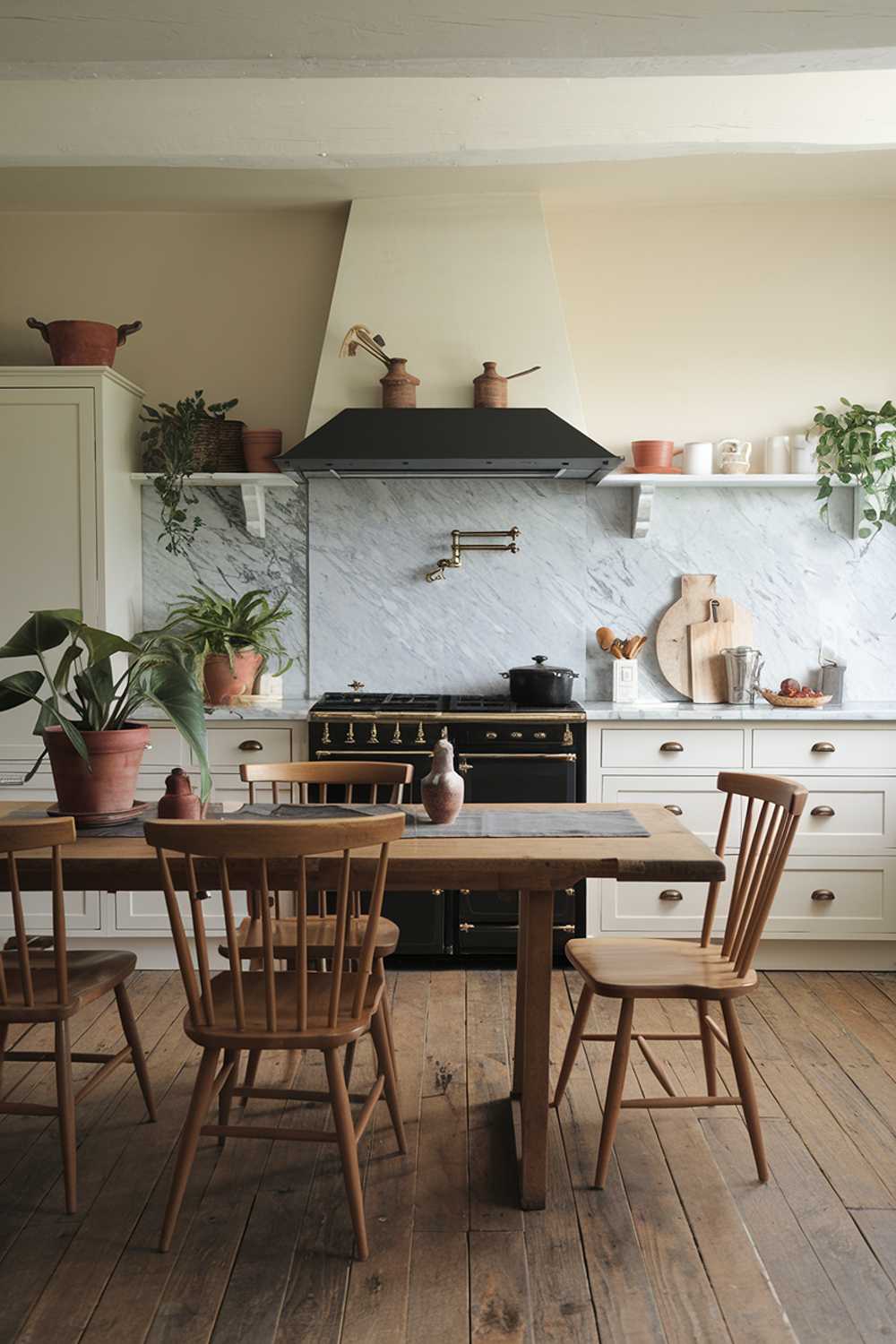 A rustic modern kitchen with a wooden table and chairs. The kitchen has a white cabinets, a black range hood, and a marble countertop. There are potted plants and a few decorative items on the table. The floor is made of wooden planks. The lighting is soft.