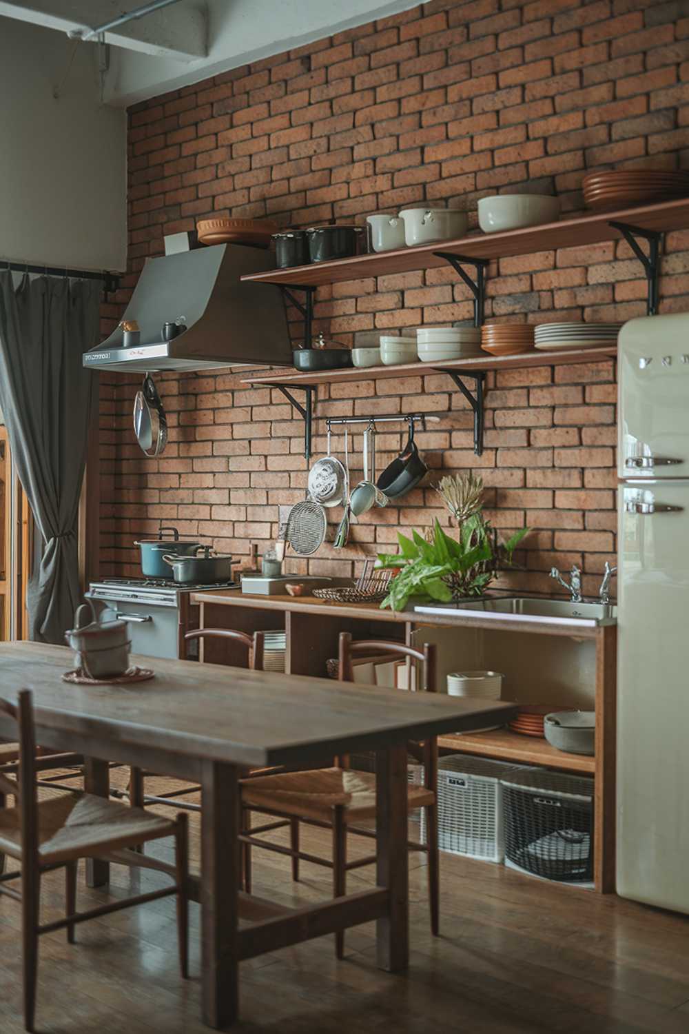 A cozy, rustic modern kitchen with a brick wall, wooden shelves, a large wooden table, and a few chairs. There is a stove with pots and pans, a sink with a green plant, and a refrigerator. The floor is made of wood. The lighting is soft.