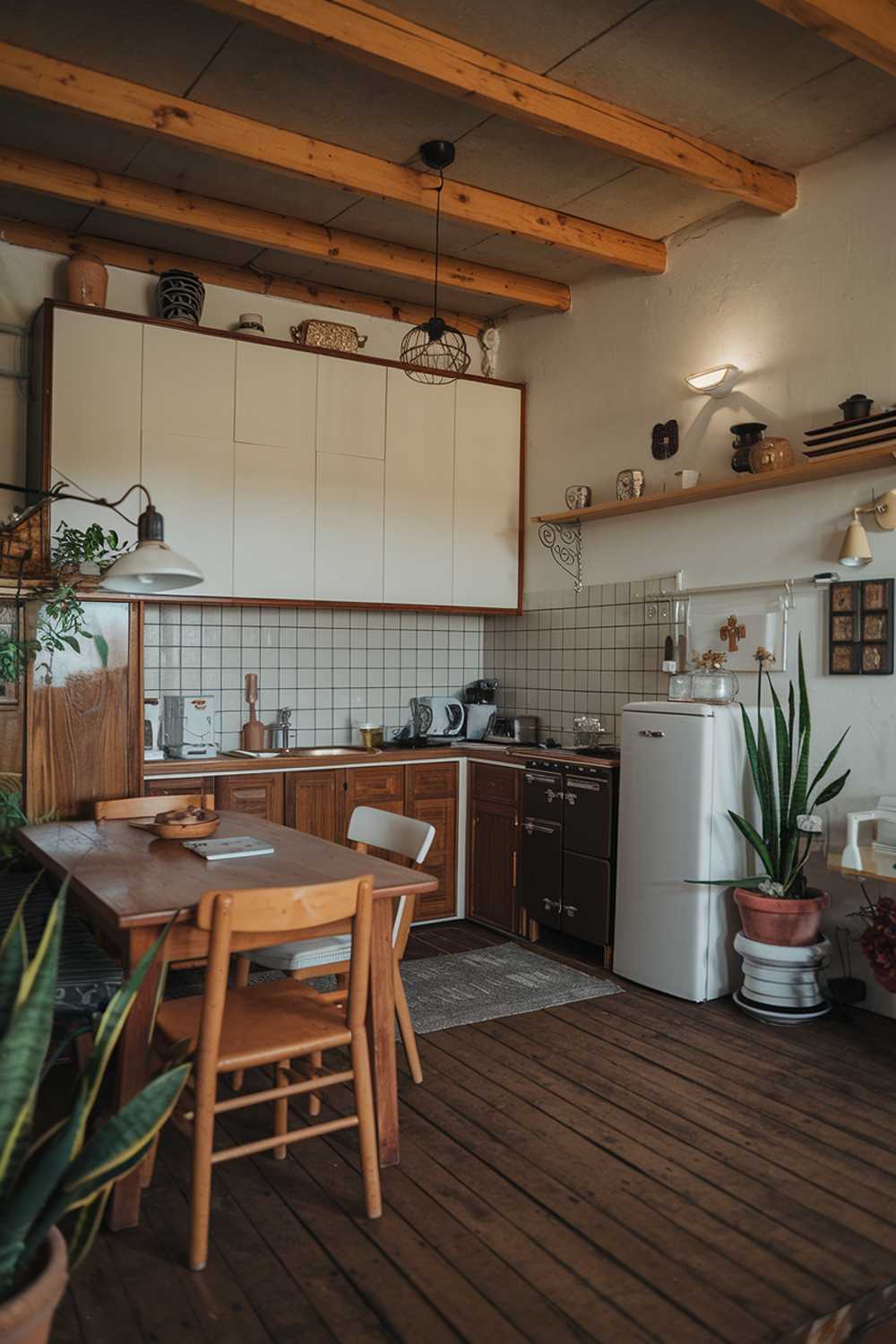 A cozy rustic modern kitchen with a wooden floor and a white and wooden cabinet. There's a wooden dining table in the corner with a few chairs. The room has a few potted plants and a vintage lamp. The walls have a few decorative items. The kitchen contains a few appliances, including a stove, a refrigerator, and a sink.