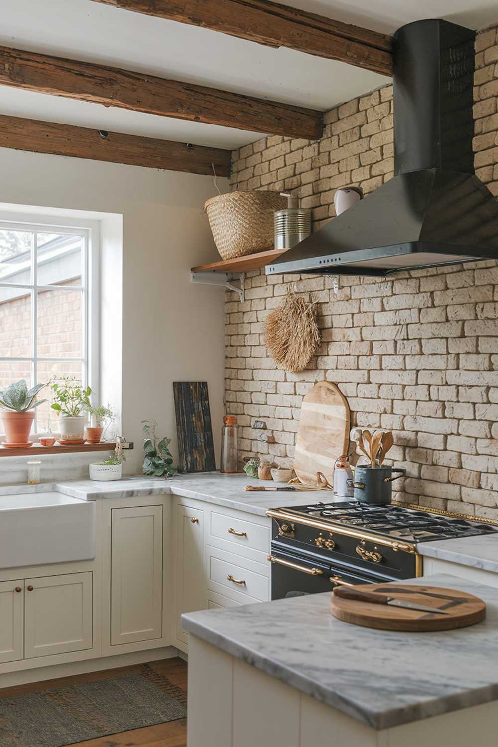 A rustic modern kitchen with a wooden beam ceiling and a brick wall. The kitchen has a white cabinetry, a marble countertops, and a black range hood. There are potted plants on the windowsill and a wooden cutting board with a knife on the countertop. A straw basket and a tin can are placed on the brick wall. The floor is covered with a rug.