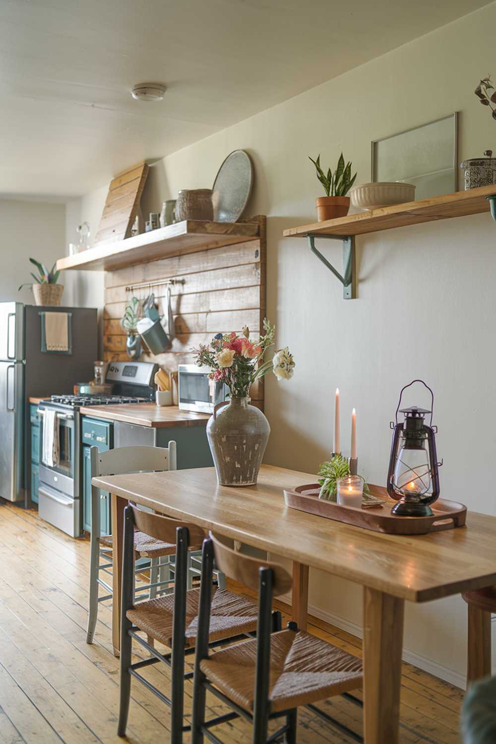 A rustic modern kitchen. The kitchen has a wooden floor and is decorated with a mix of modern and rustic elements. There is a wooden table with chairs in the middle of the kitchen. On the table, there is a ceramic vase with flowers and a wooden tray with a lantern, a candle, and a small plant. The wall has a wooden shelf with a few items. The kitchen has a few appliances, including a stove, a refrigerator, and a microwave. The walls and ceiling are painted white.