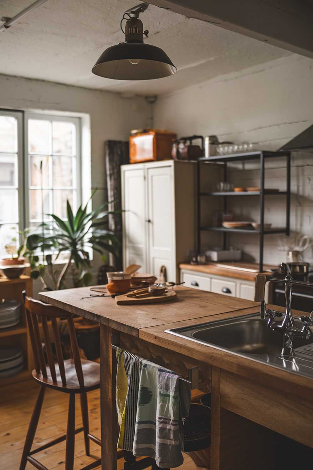 A cozy modern rustic kitchen with a wooden island and a stainless steel sink. There's a wooden chair near the island. There's a black lampshade on the ceiling. There's a white cupboard and a black metal rack near the wall. There's a potted plant near the window. The floor is made of wood.