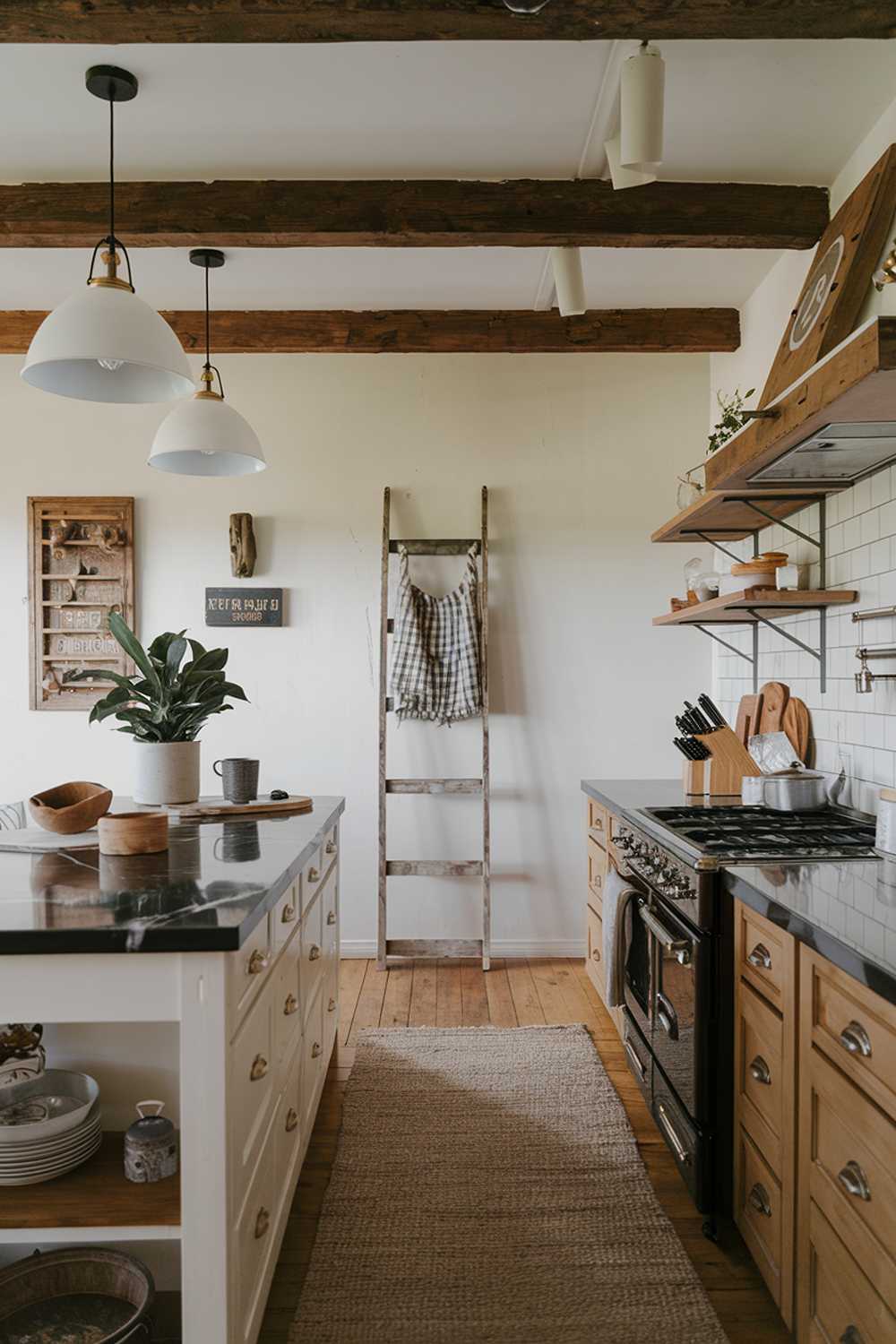 A cozy modern rustic kitchen with wooden elements, a white island, and a black marble countertop. There is a wooden beam ceiling, pendant lights, and a black stove. On the island, there are a few items, including a wooden bowl, a ceramic mug, and a potted plant. The floor is covered with a beige rug. The walls have a few pieces of decor, including a wooden ladder and a vintage sign.