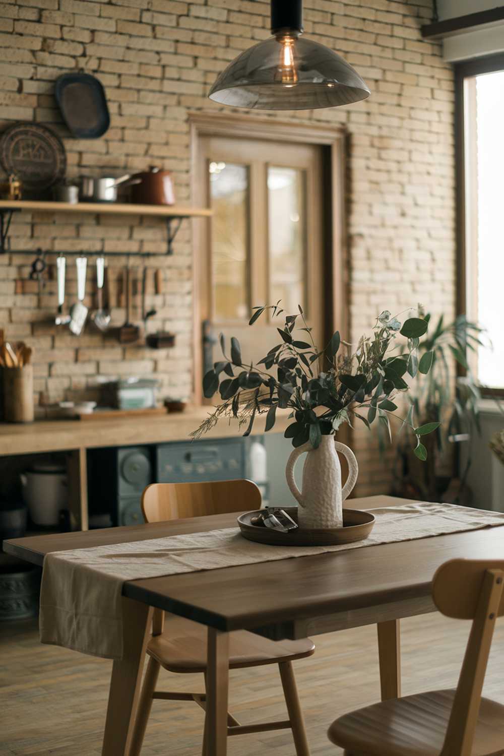 A modern rustic kitchen decor. There is a wooden table with a beige tablecloth and a few chairs. On the table, there is a white vase with greenery and a few utensils. The background has a rustic brick wall, a few shelves with utensils and pots, and a door. The lighting is warm.