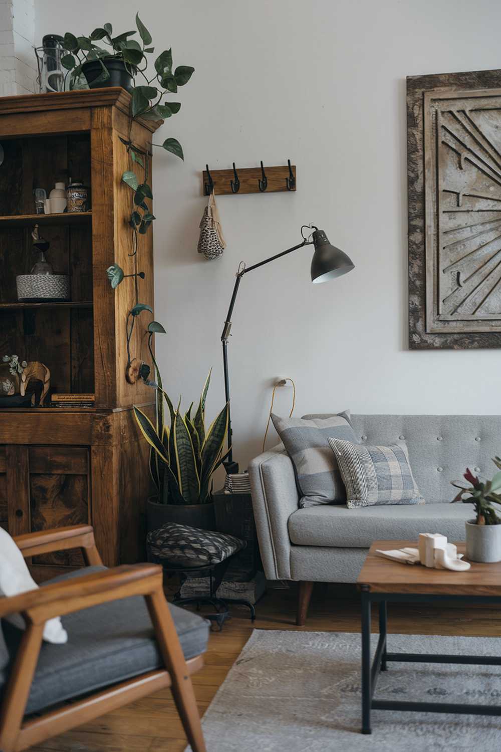 A modern rustic living room decor. There's a gray sofa with a few cushions, a wooden coffee table, and a modern lamp. Near the sofa, there's a wooden cabinet with a few items. On the wall, there's a large artwork and a few hooks. The floor is made of wood. The room has a few plants.