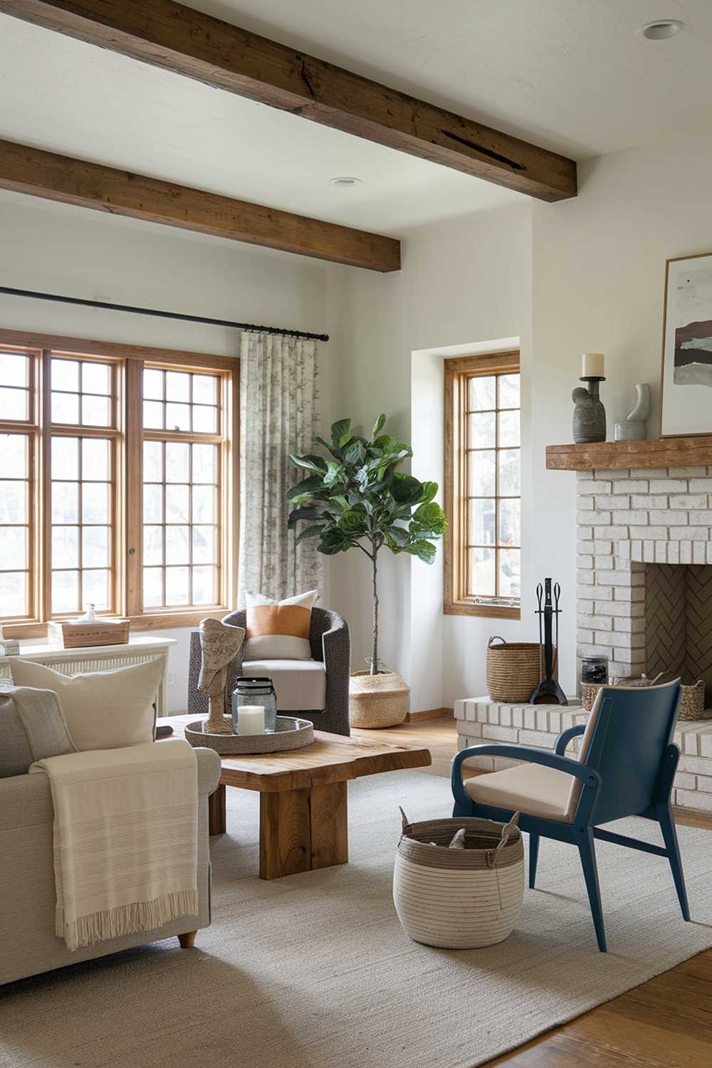 A modern rustic living room decor. The room has a wooden beam ceiling, white walls, and a brick fireplace with a wooden mantel. There's a beige sofa with a few throw pillows, a blue chair with a beige cushion, and a wooden coffee table. The floor is covered with a beige rug. There's a potted plant near the window. The windows have wooden frames and are covered with curtains. The room has a few decorative items, including a lantern, a basket, and a wooden box.