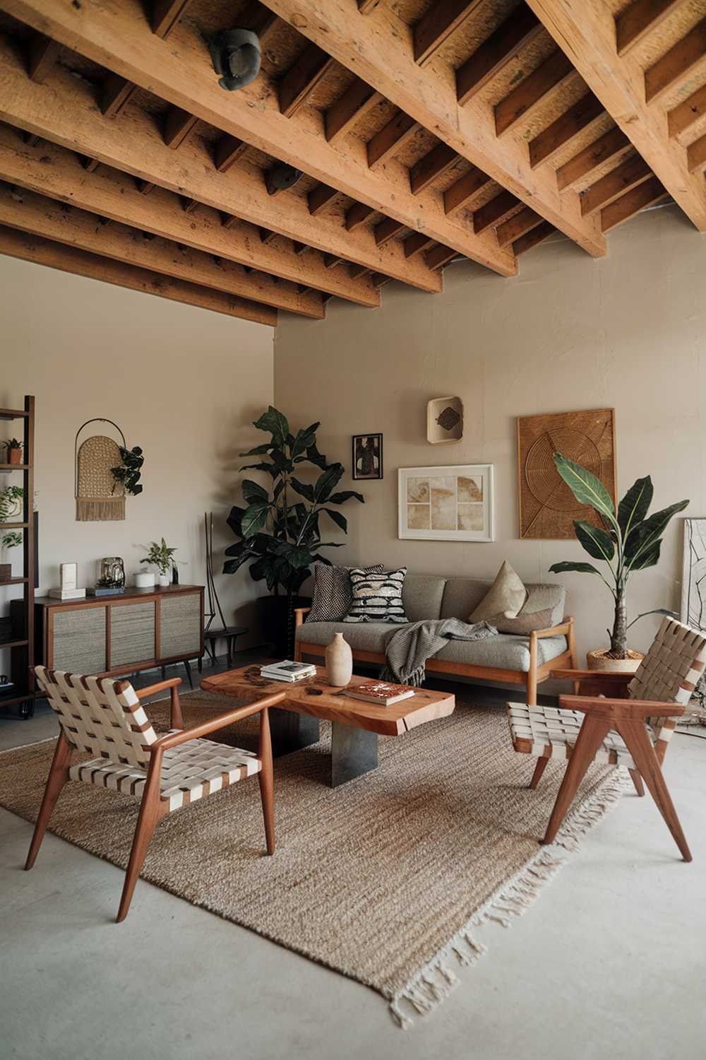 A modern rustic living room decor. The room has a wooden beam ceiling, a rug on the floor, and a few pieces of furniture. There's a couch with a wooden frame, a chair with a woven seat, and a coffee table made of wood and metal. There are also some plants and decorative items in the room. The walls are painted in a light color.